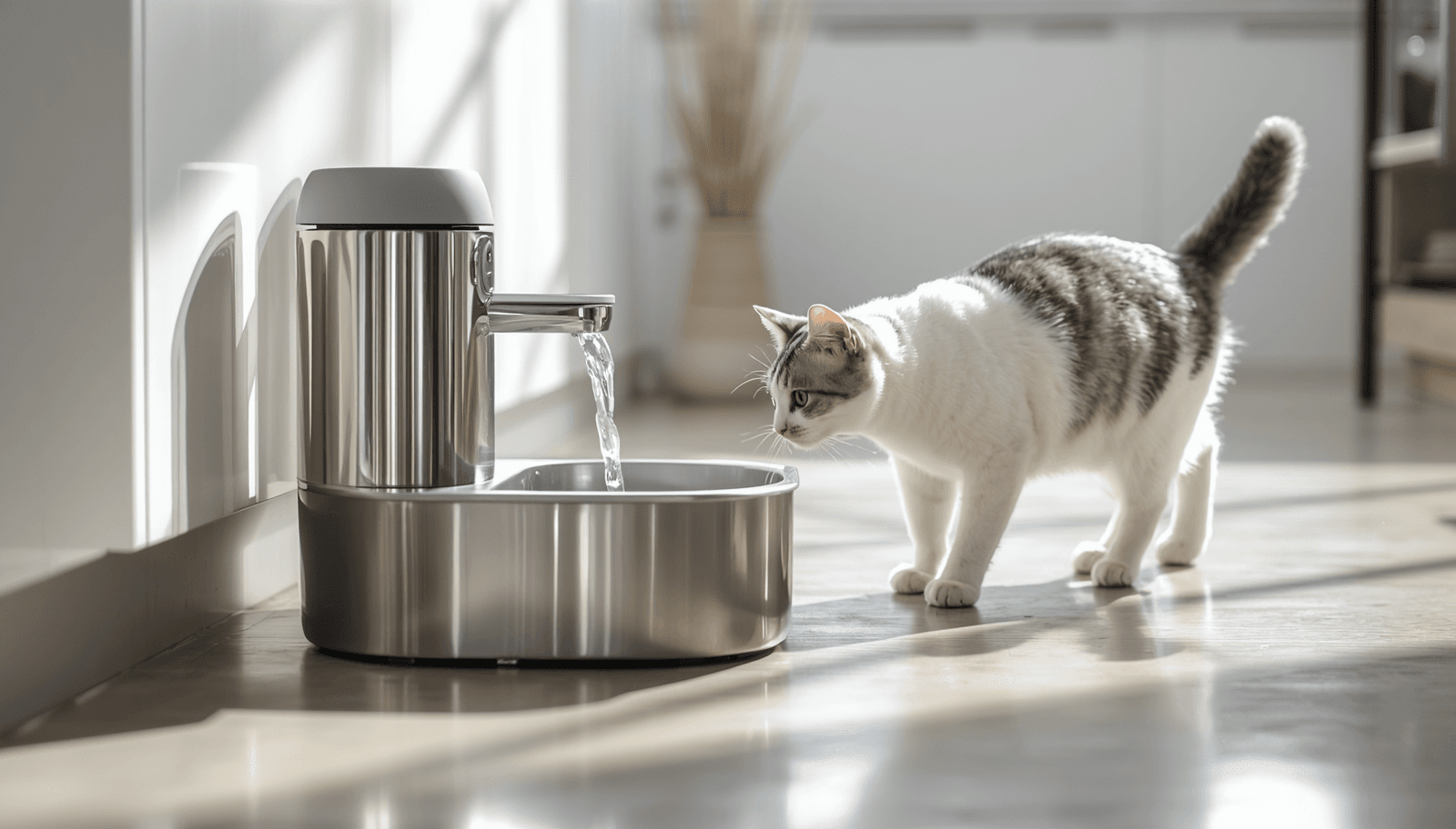 Pet su çeşmesinden su içen tekir kedi — kedi su tüketimini artırma yöntemi