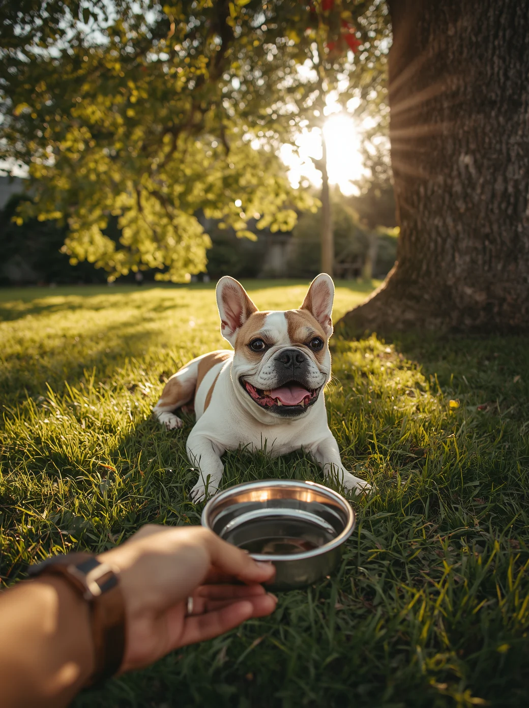 Yaz güneşinde ağaç gölgesinde dinlenen Fransız Bulldog — brakisefalik ırklarda serinleme